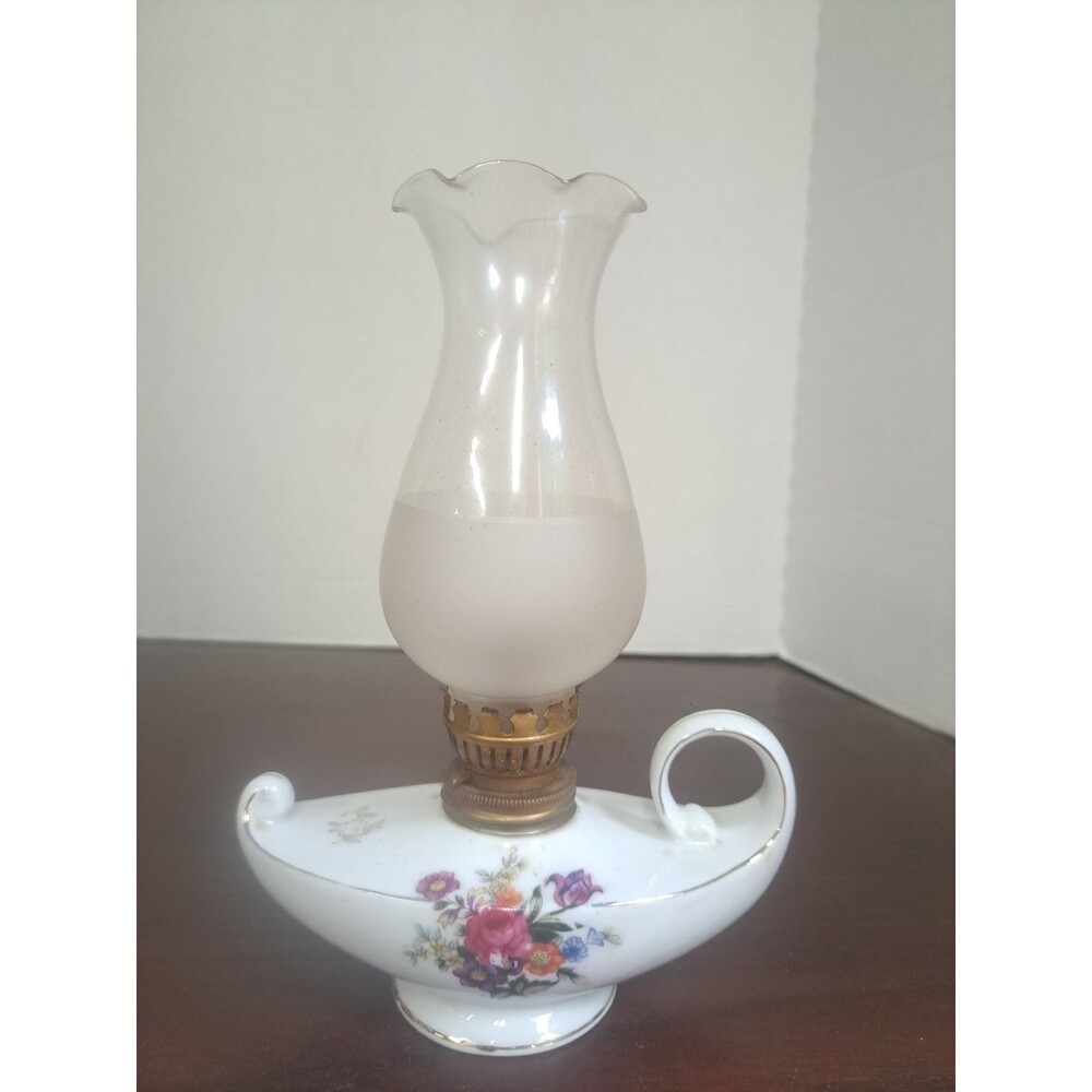 Vintage Floral Pattern White Mini Genie Style Oil Lamp Made In Japan